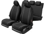 Black car seat covers with white piping.
