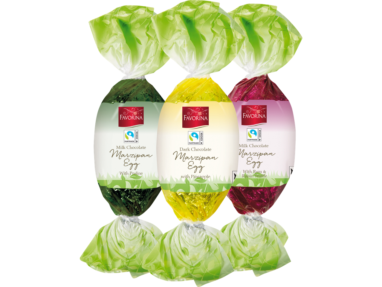 Tre marzipanägg i olika smaker: mjölkchoklad med pralin, mörk choklad med ananas och mjölkchoklad med rom- och russintryffel.