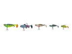 Five colorful fishing lures shaped like fish, each with hooks, arranged in a row.