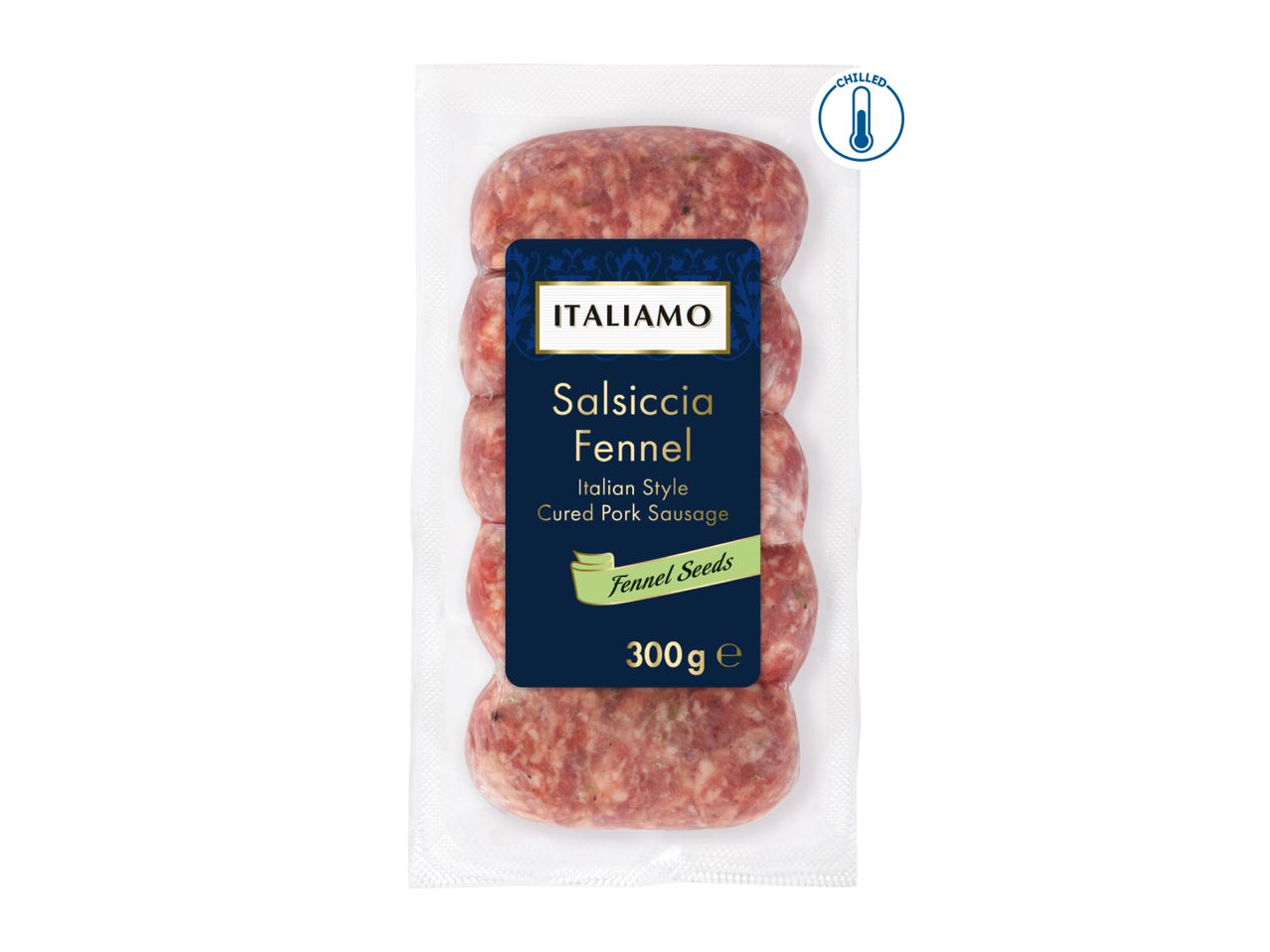 Chilled Italian style cured pork sausages with fennel seeds, 300g.