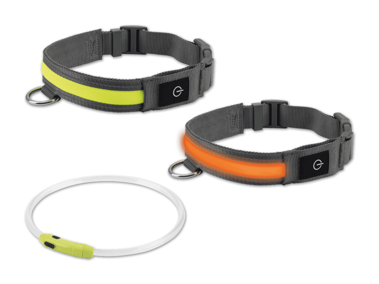Zwei leuchtende Hundehalsbänder in Gelb und Orange, sowie ein leuchtender Schlauch.
