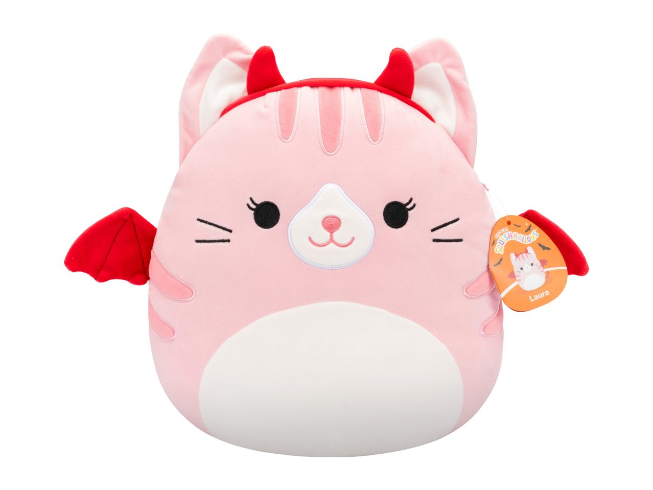 Pink Squishmallows cat plush with red devil horns and bat wings, named Laura.