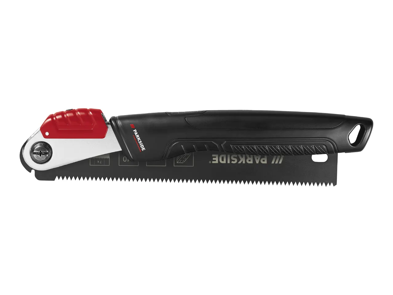 Parkside folding saw with a black handle and red accents.