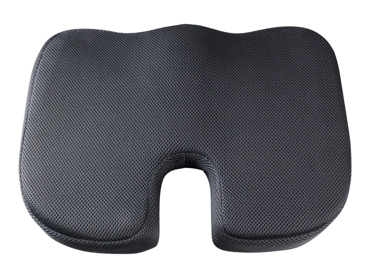 Dark grey ergonomic seat cushion with a U-shaped cutout for tailbone support.