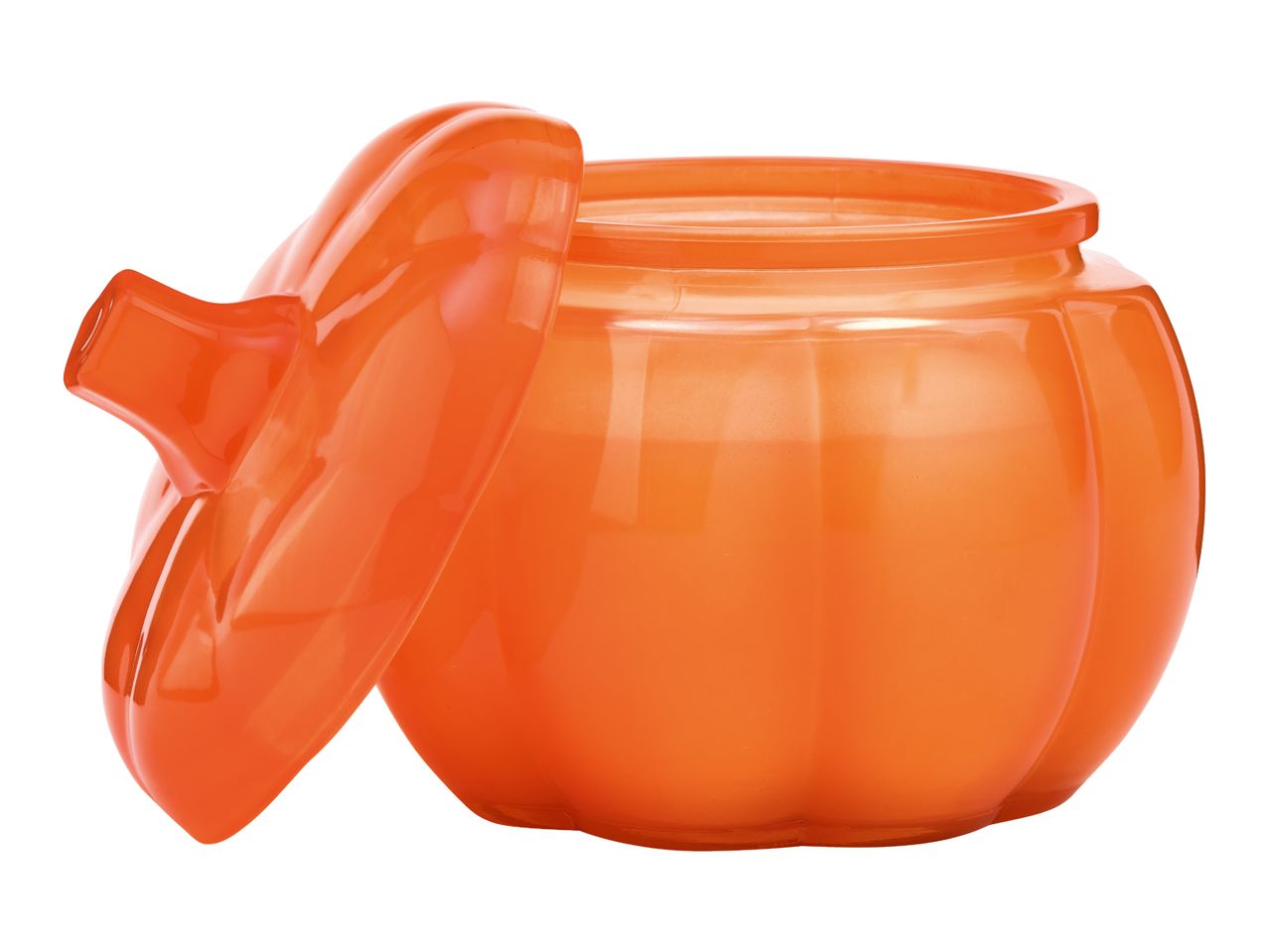 Orange pumpkin-shaped candy container with the lid ajar
