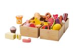Wooden play food set with various items like fruits, vegetables, bread, and meat in crates.