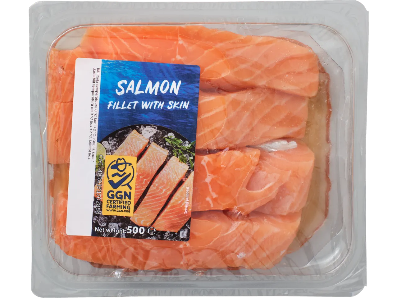 Pakendatud lõhefilee nahaga, 500g, GGN Certified Farming märgistusega.