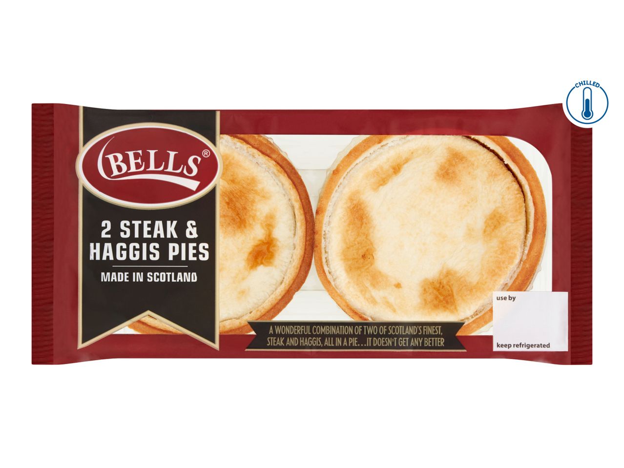 Bells 2 Steak & Haggis Pies, made in Scotland, chilled and ready to eat.