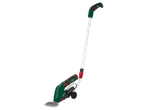 Trimmer electric verde și negru cu mâner lung și roți.