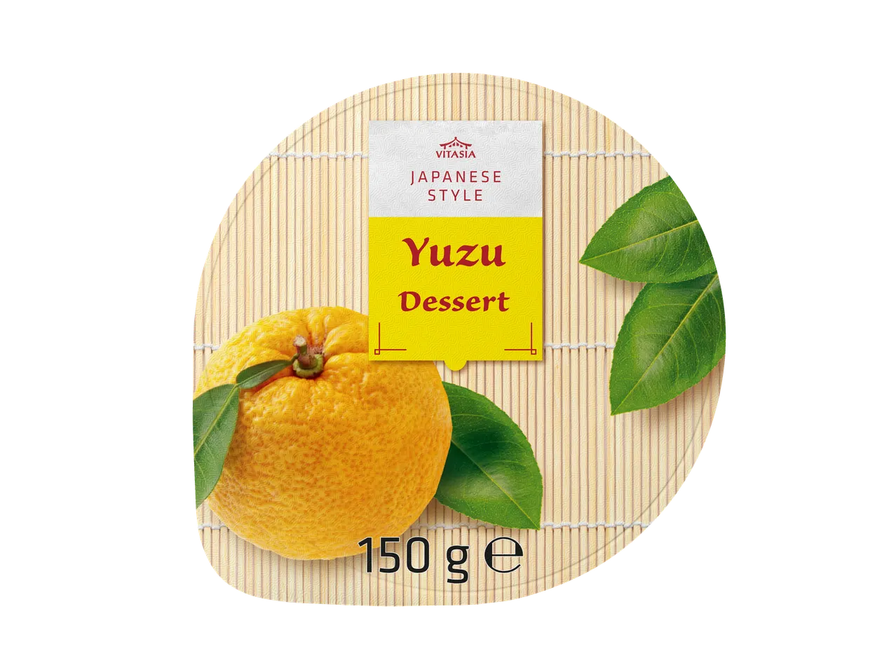 Vitasia Japanese Style Yuzu Dessert, 150g, on a bamboo mat with yuzu fruit and leaves.