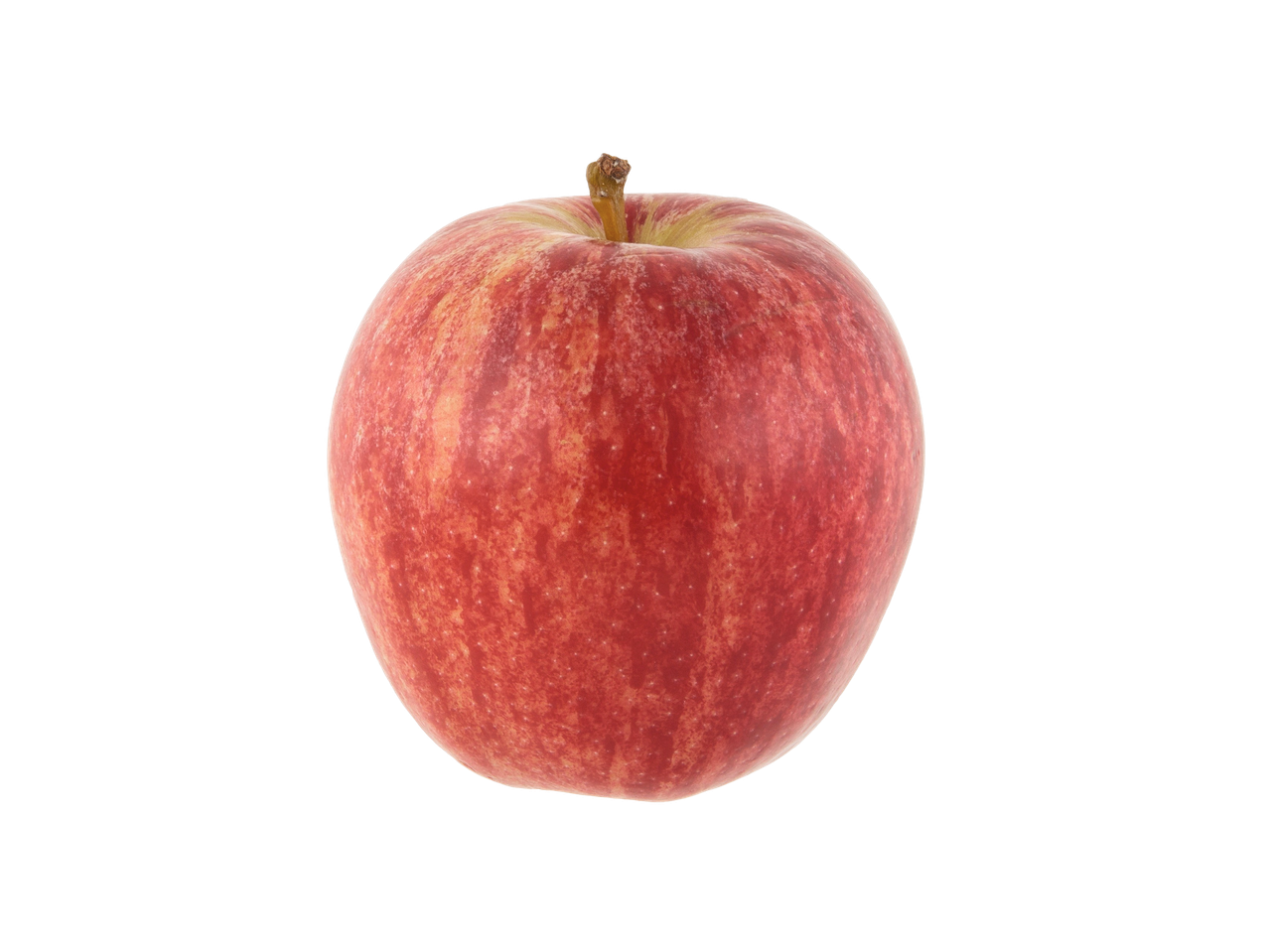 A single red apple with a short stem, centered on a black background.