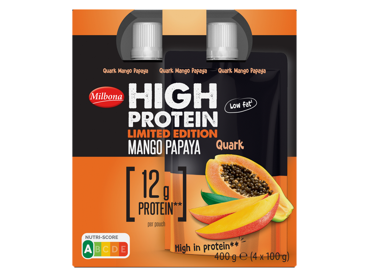 Milbona Quark Mango Papaya: Hoge proteïne snack (4x100g), limited edition.