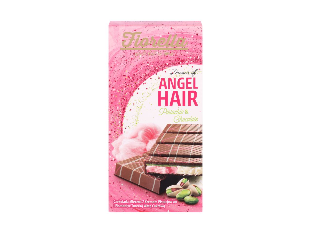 Guylian Angel Hair Schokoladetafel, rosa mit Pistazien.