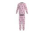 Pink children's pajamas with a unicorn pattern, including a long-sleeved top and pants.