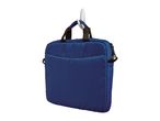 Blue laptop bag hanging on a white hook.