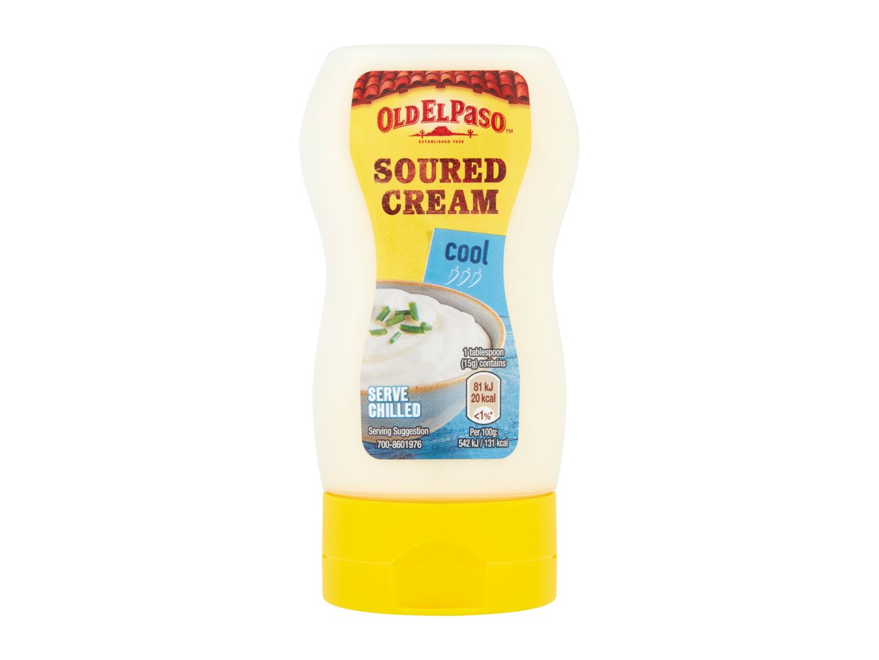 Squeezable bottle of cool soured cream topping with a yellow cap.