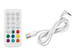 White remote control with colorful buttons and a white USB cable.