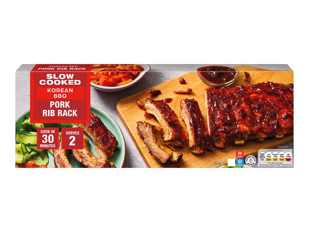 Slow-cooked Korean BBQ pork rib rack with cooking instructions and nutritional information.