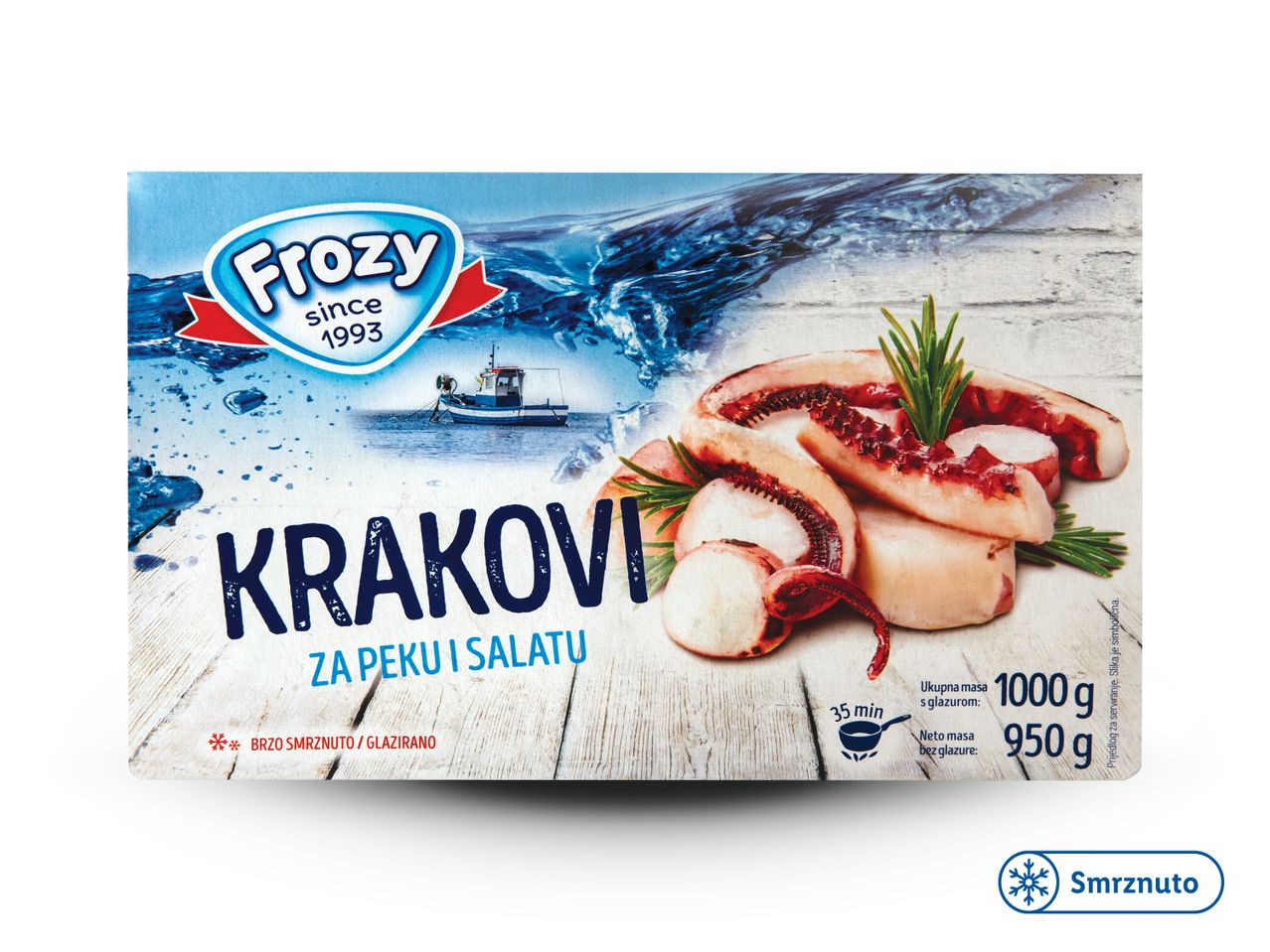 Frozy pakiranje smrznutih krakova hobotnice za pečenje i salatu.