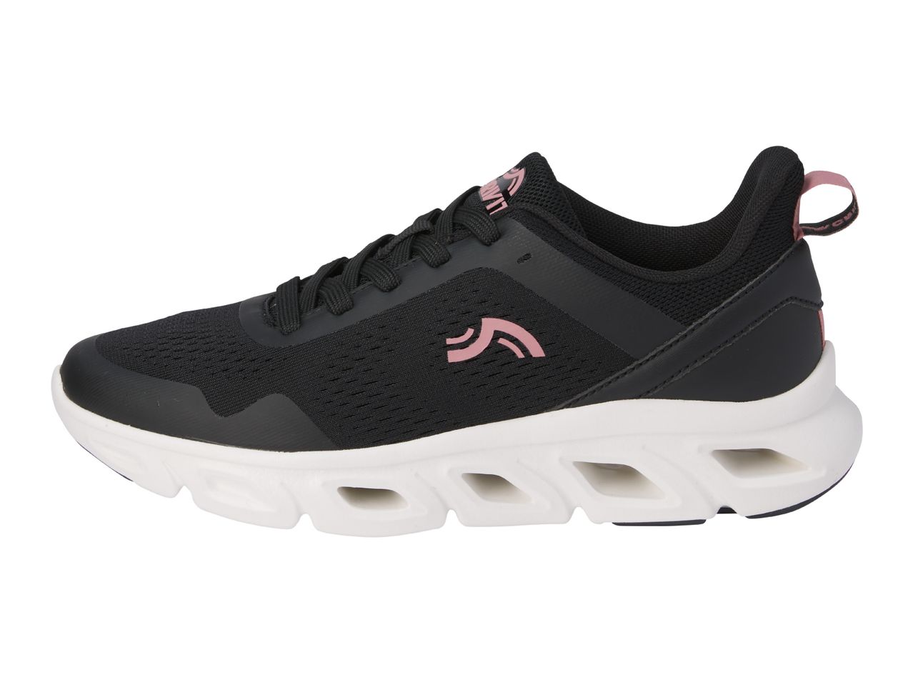 Black and pink athletic shoe with a white sole