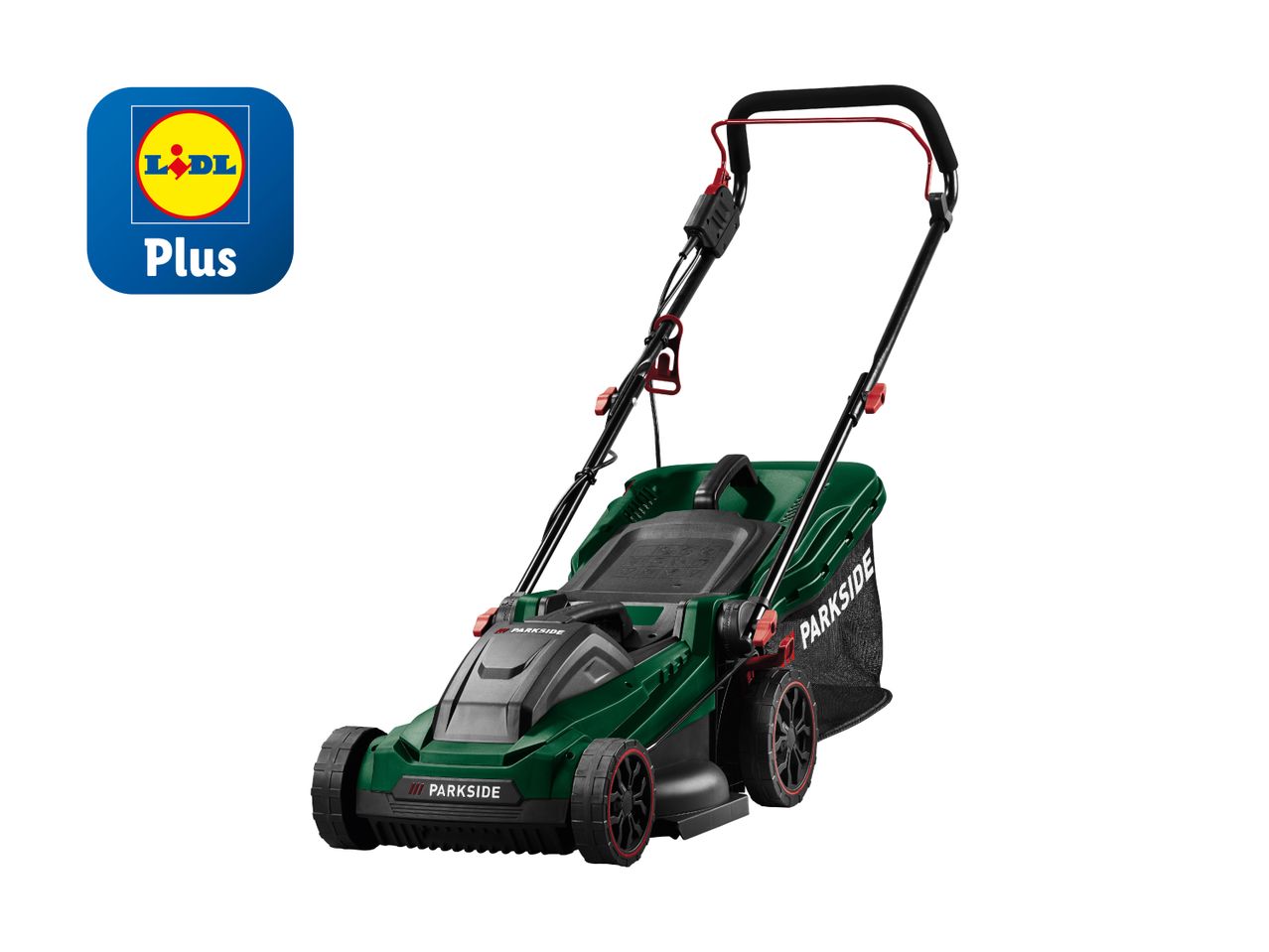 Parkside Rasenmäher von Lidl Plus: Ein grün-schwarzer Elektromäher.