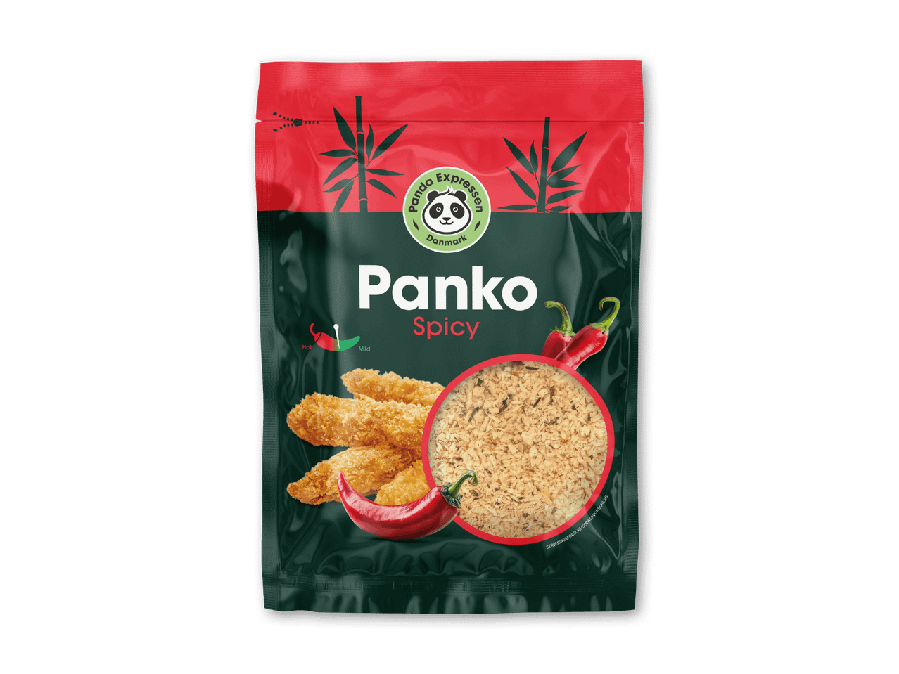 Panko krydret rasp i en pose med billede af panerede kyllingestykker og chili.