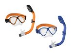 To sæt snorkeludstyr med dykkermasker og snorkler i orange og blå farver.
