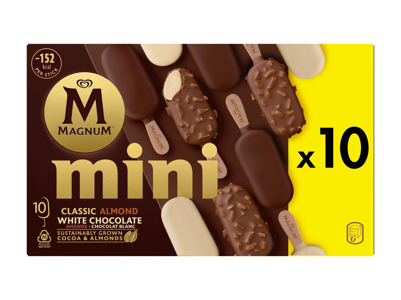 10 Magnum Mini-Eis am Stiel: klassische und weiße Schokolade mit Mandeln.