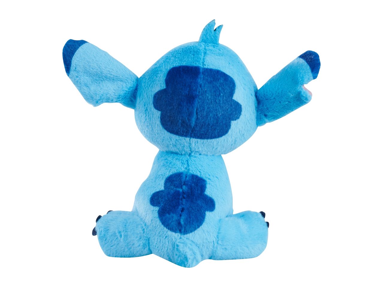Back view of a blue plush toy with dark blue patches, sitting with arms raised.
