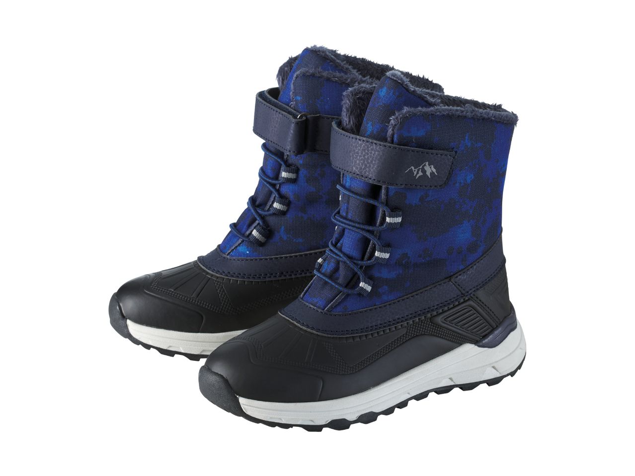 Pair of blue and black children's winter boots with a camouflage pattern