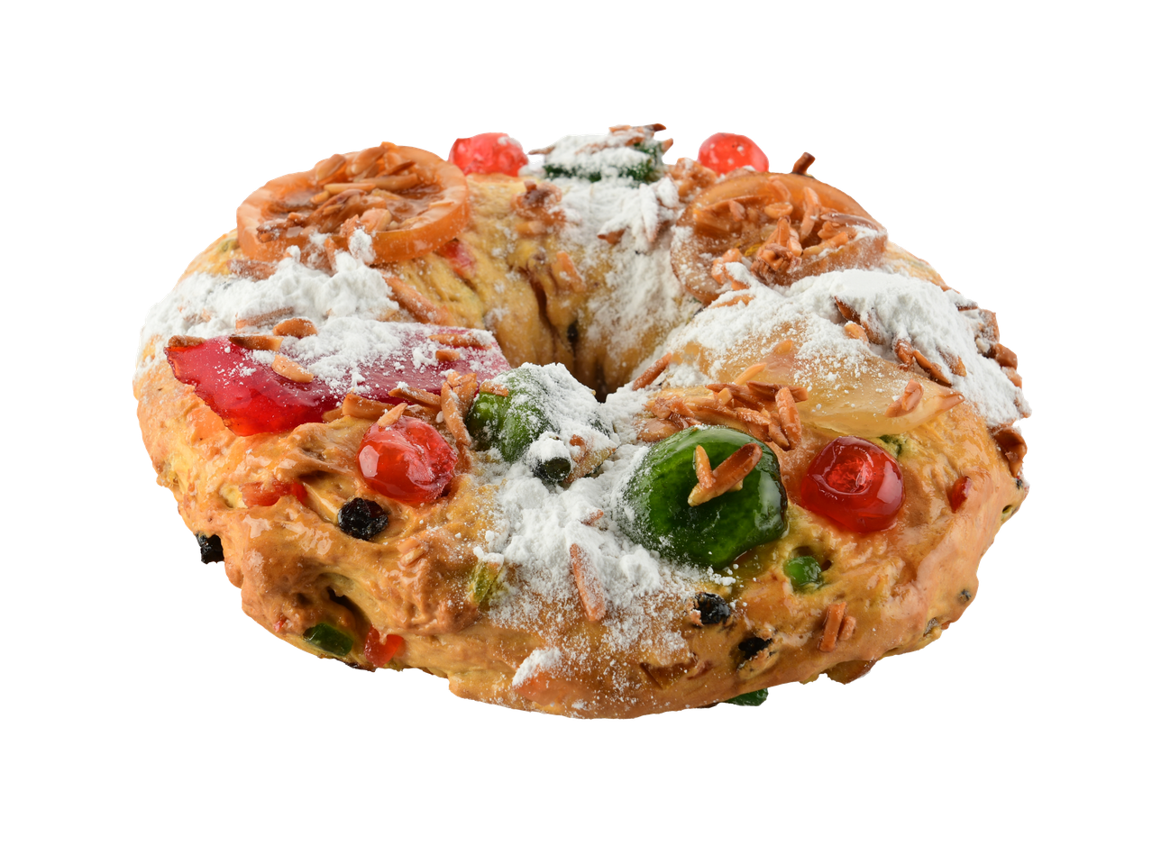Um bolo em forma de anel, provavelmente um Bolo Rei ou Rosca de Reyes, com frutas cristalizadas e açúcar em pó.