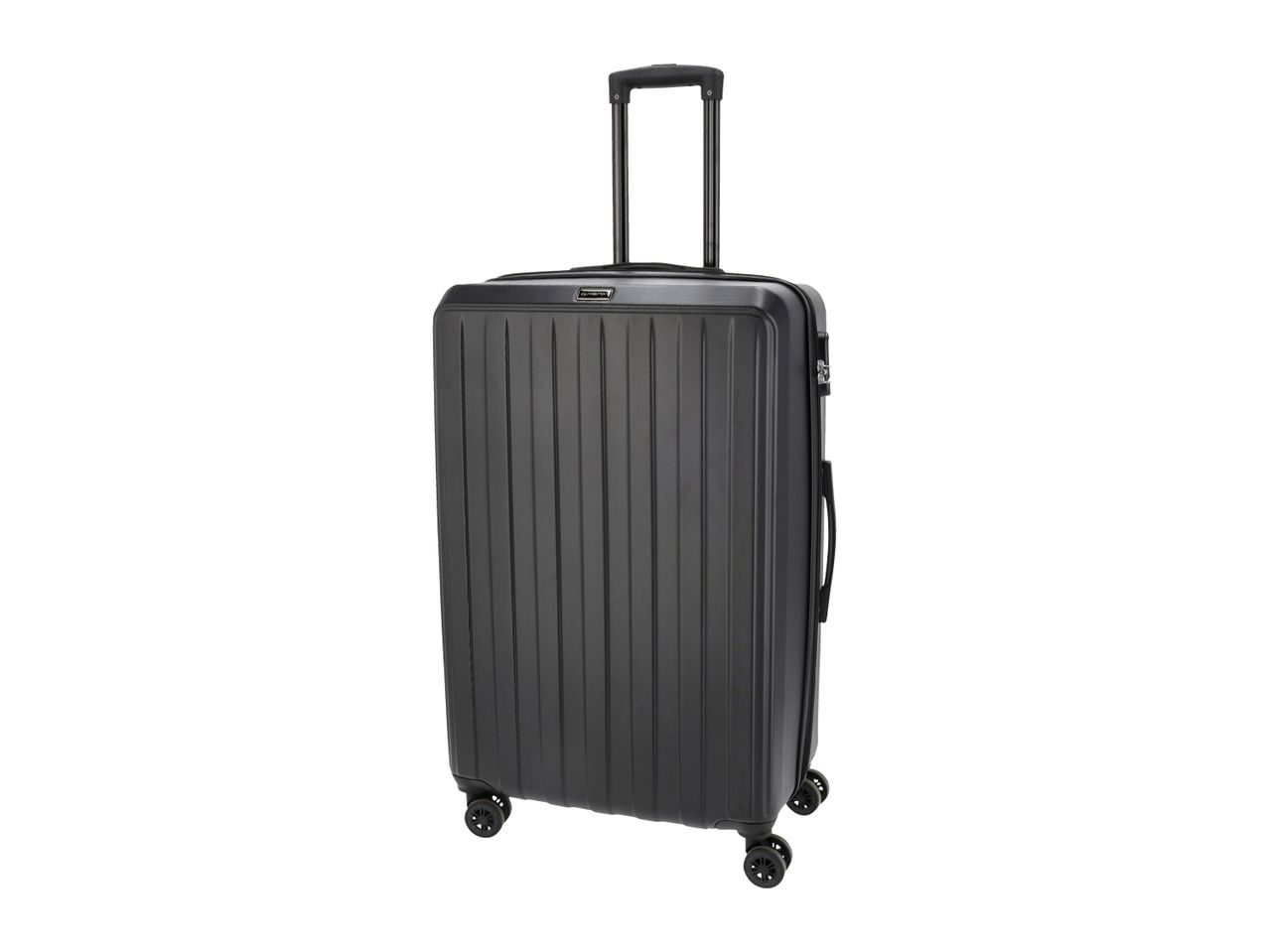 Black hard-shell suitcase with an extendable handle and four spinner wheels.