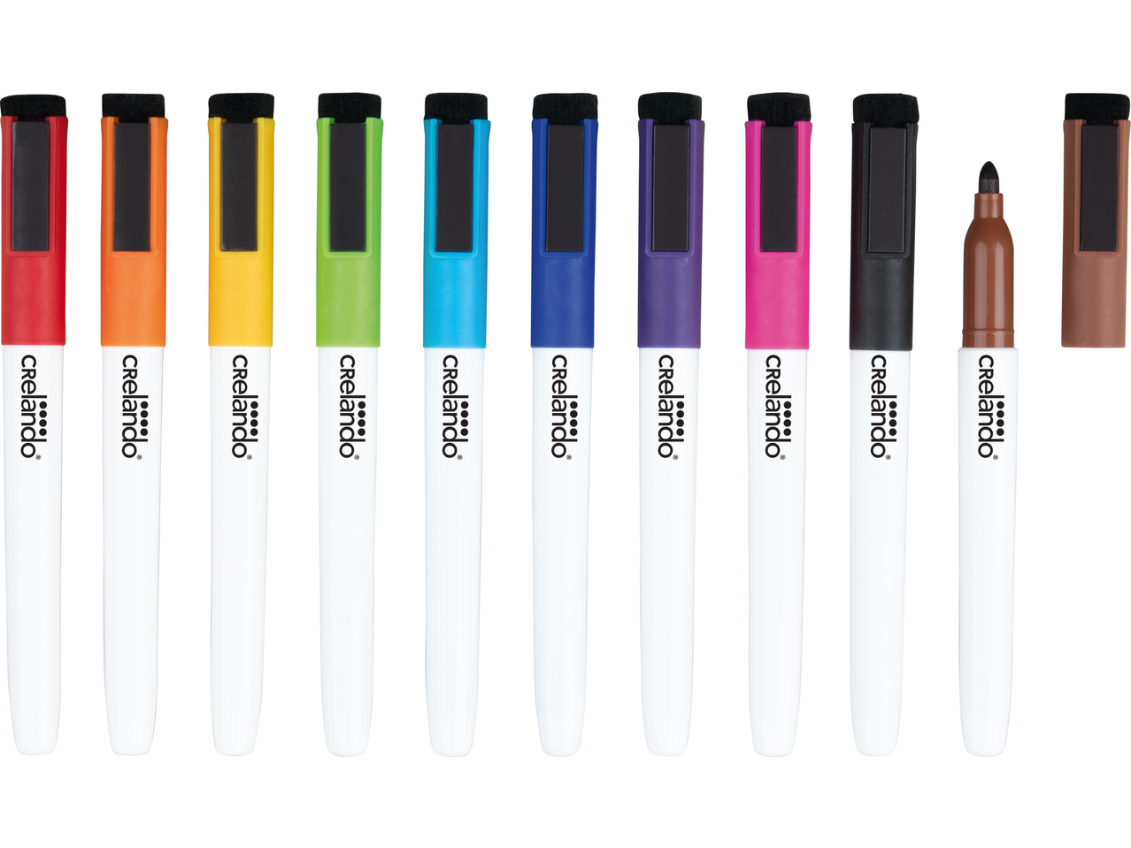 Crelando whiteboard marker set in various colors, including red, orange, yellow, green, blue, purple, pink, black, and brown.