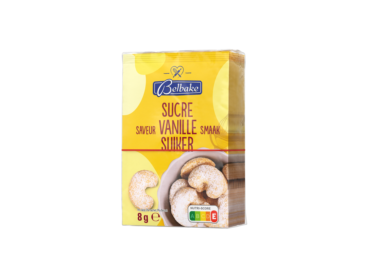 Paquet de sucre vanillé Belbake avec des biscuits en forme de croissant.