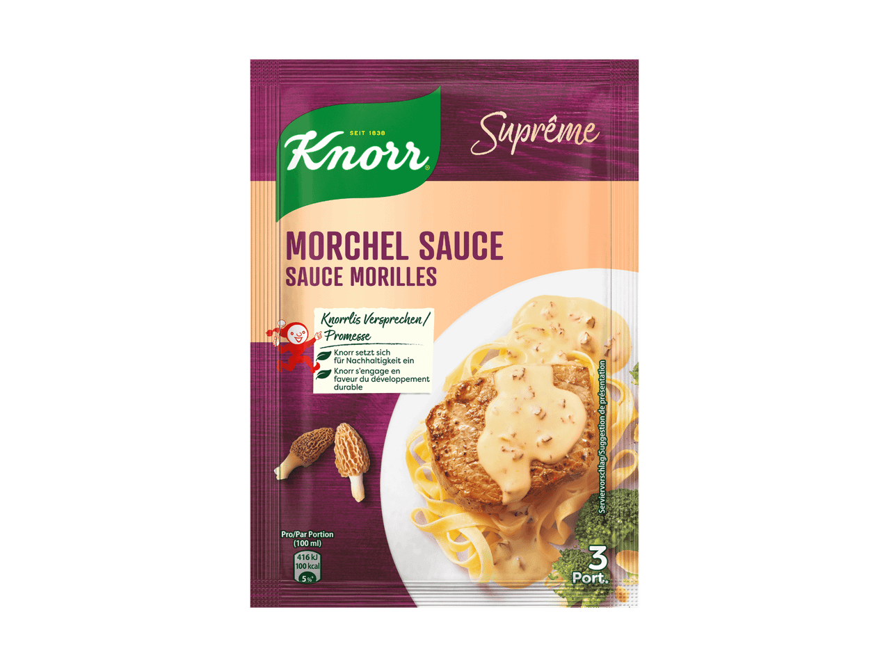 Busta di salsa ai funghi Knorr Suprême con carne e pasta.
