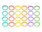 Colorful baby teething rings in various shapes, including wavy, ridged, and geometric designs.