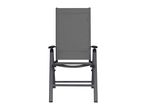 Dark grey outdoor folding chair with armrests, front view