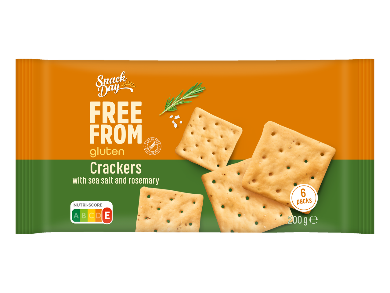 Crackers Snack Day sem glúten com sal marinho e alecrim (200g, 6 pacotes).