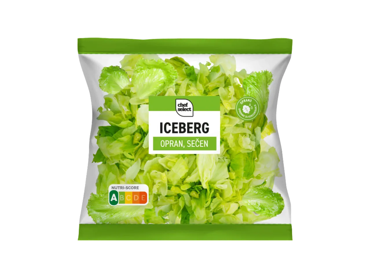 Pakovanje isečene iceberg salate sa Nutri-Score oznakom A i natpisom 'Oprano, sečeno'.