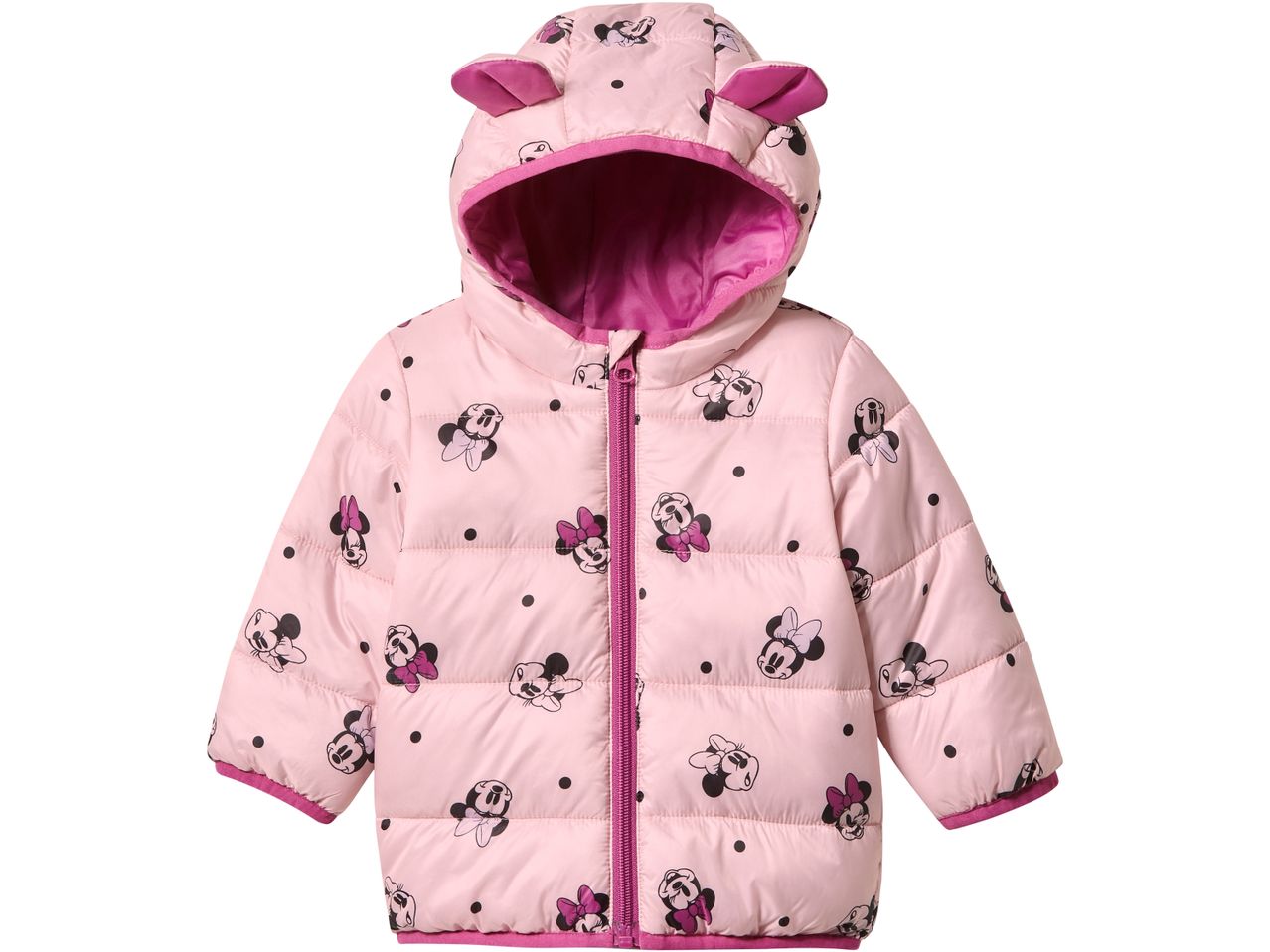 Pink Minnie Mouse puffer jacket with a hood and ears