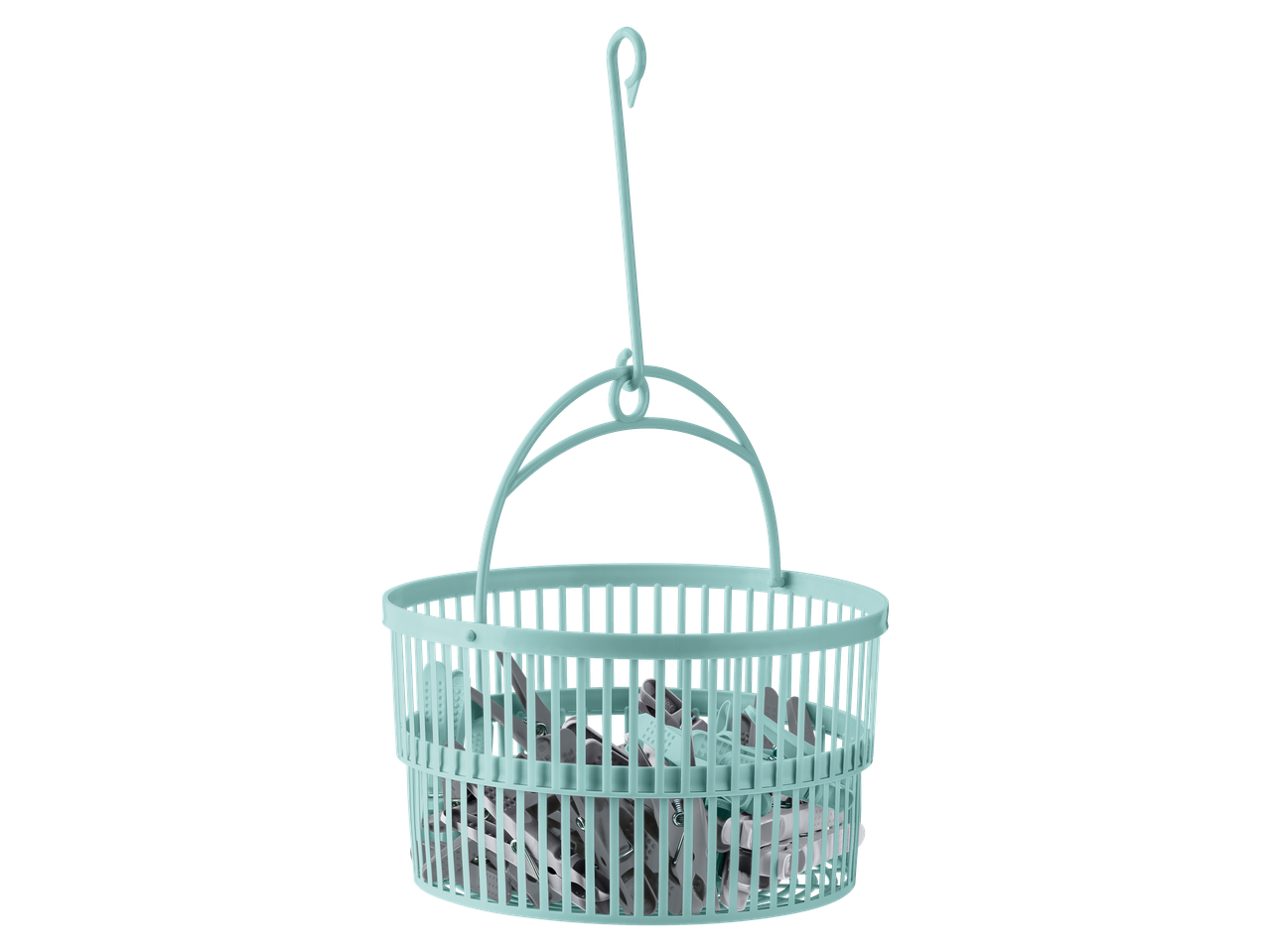 W5 Accessoires de séchage : panier turquoise avec pinces à linge.