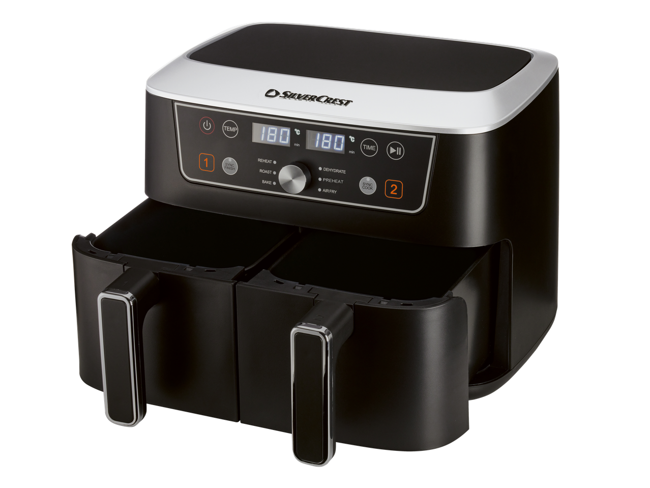 Silvercrest dviguba oro gruzdintuvė su skaitmeniniu valdymo pultu ir dviem krepšeliais.