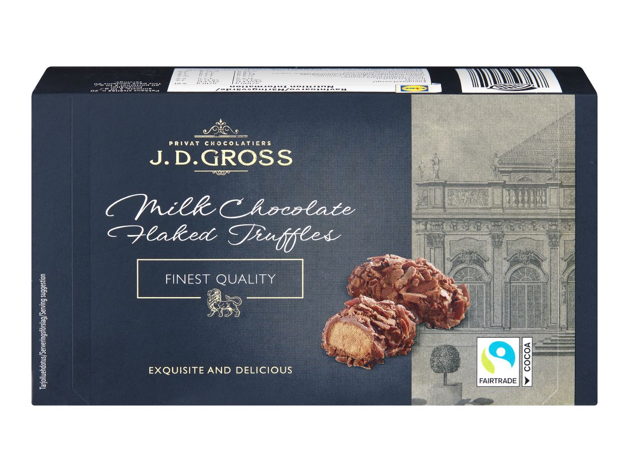 J.D. Gross Milk Chocolate Flaked Truffles box with Fairtrade Cocoa logo.