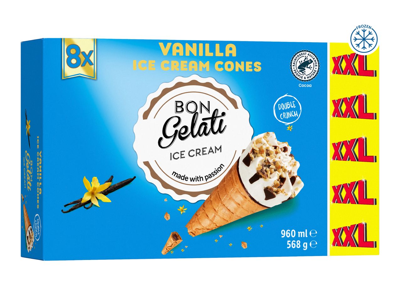 Blue box of 8 vanilla ice cream cones with double crunch, showing a cone and vanilla pods.