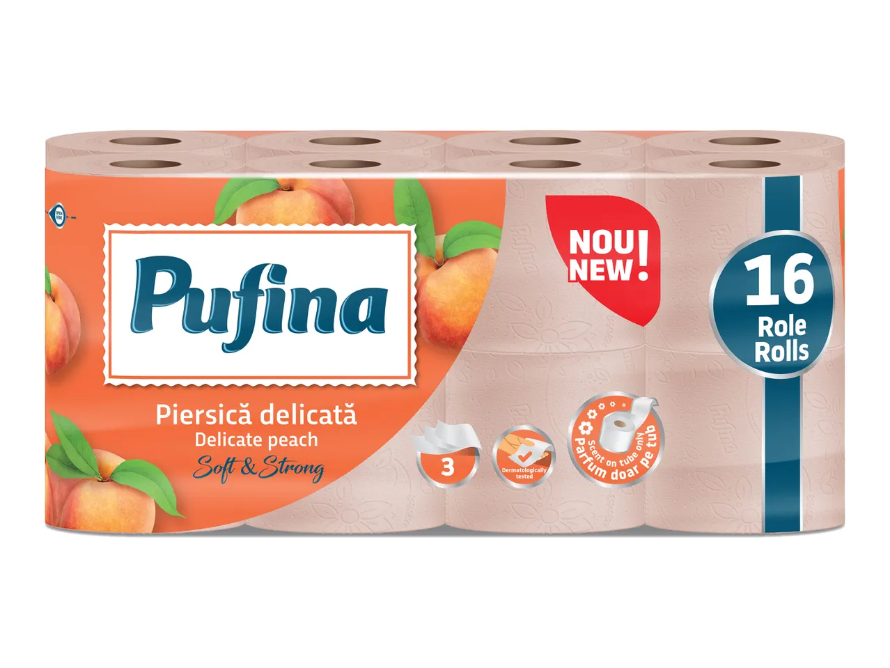 Pachet de 16 role de hârtie igienică Pufina, piersică delicată, moale și rezistentă, cu 3 straturi.