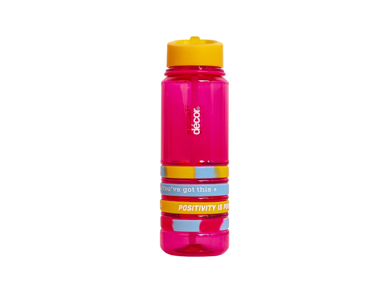 Pink plastic water bottle with yellow lid and striped design.