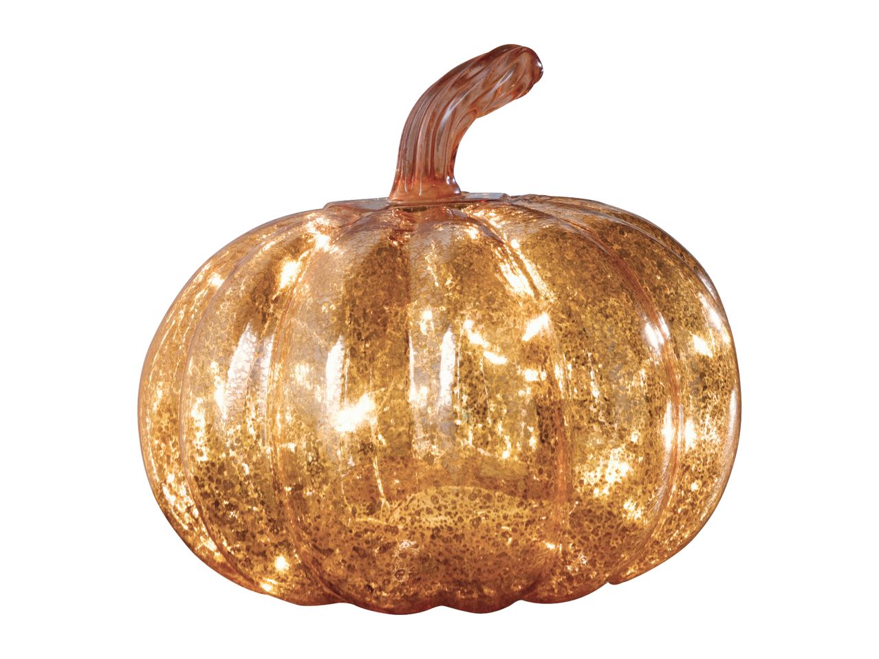 A shimmering golden glass pumpkin with a textured surface and a curved stem.