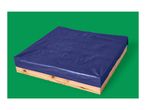 Wooden sandbox with a blue protective cover.
