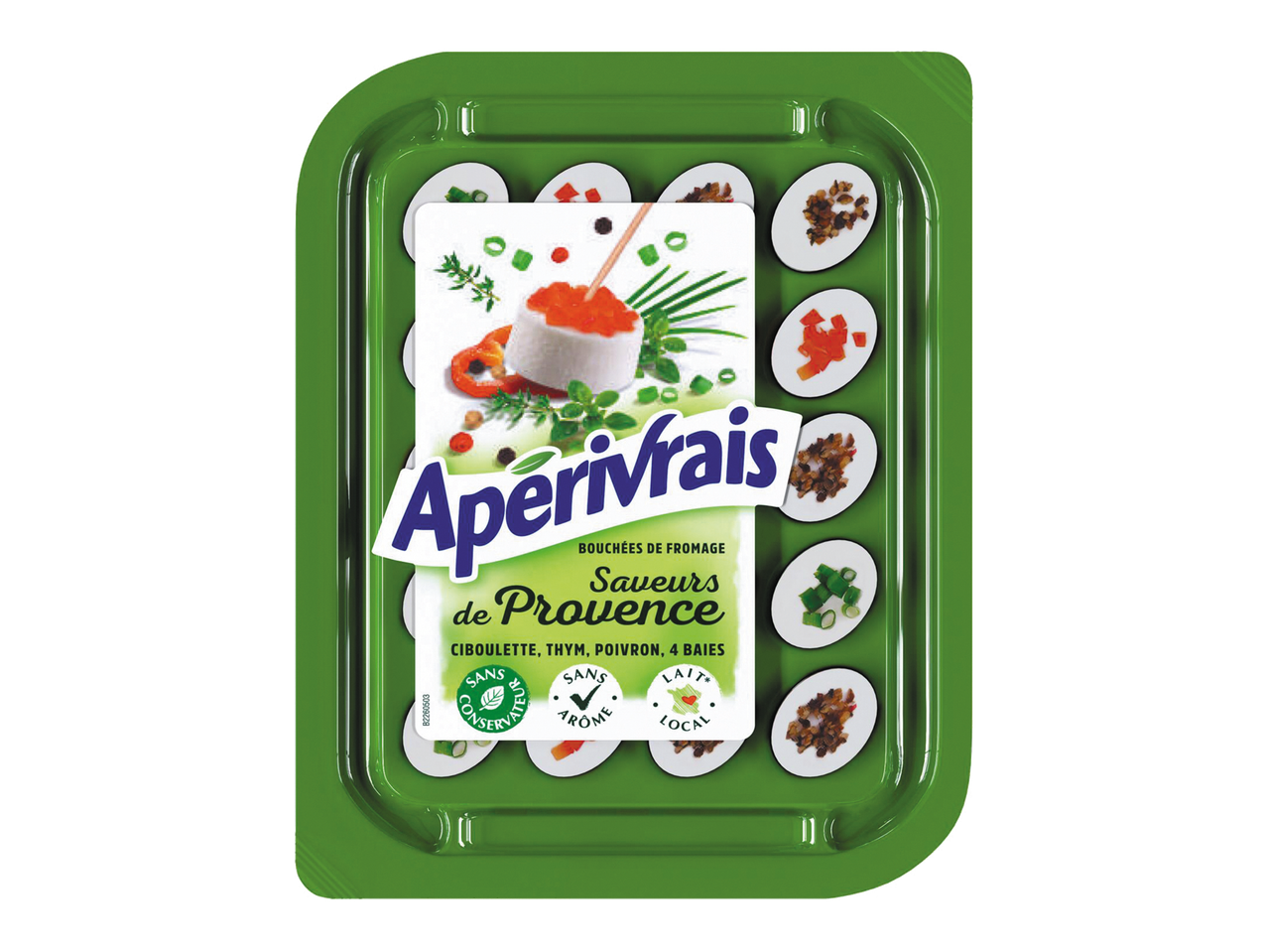 Plateau de bouchées de fromage aux saveurs de Provence, avec ciboulette, thym, poivron et 4 baies.