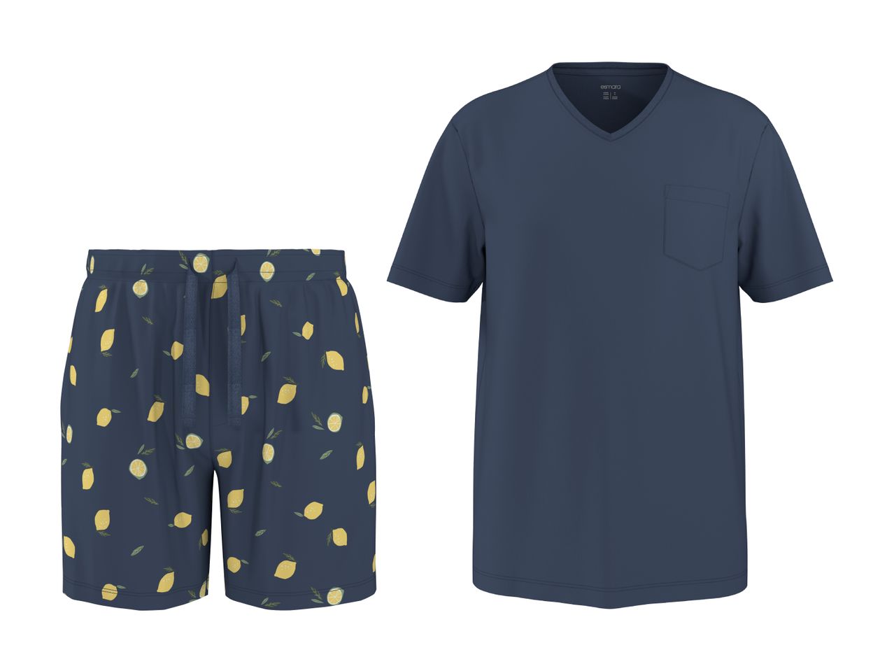 Mørkeblå pyjamasshorts med citronprint og en matchende mørkeblå V-hals T-shirt.